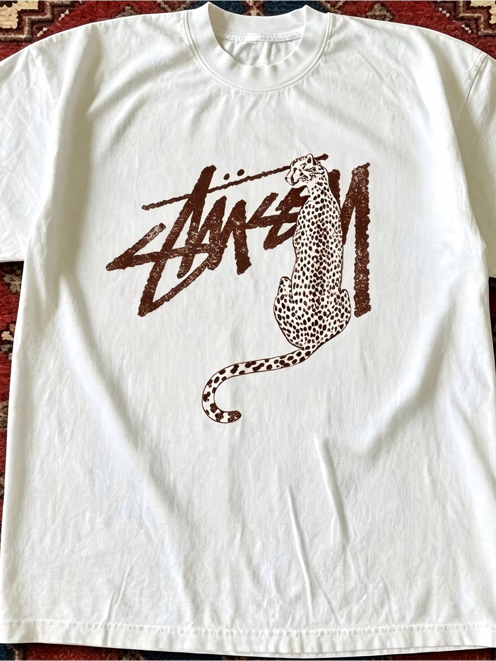 Vintage Stussy Cheetah Print White Casual Streetwear Graphic T-shirt Unisex